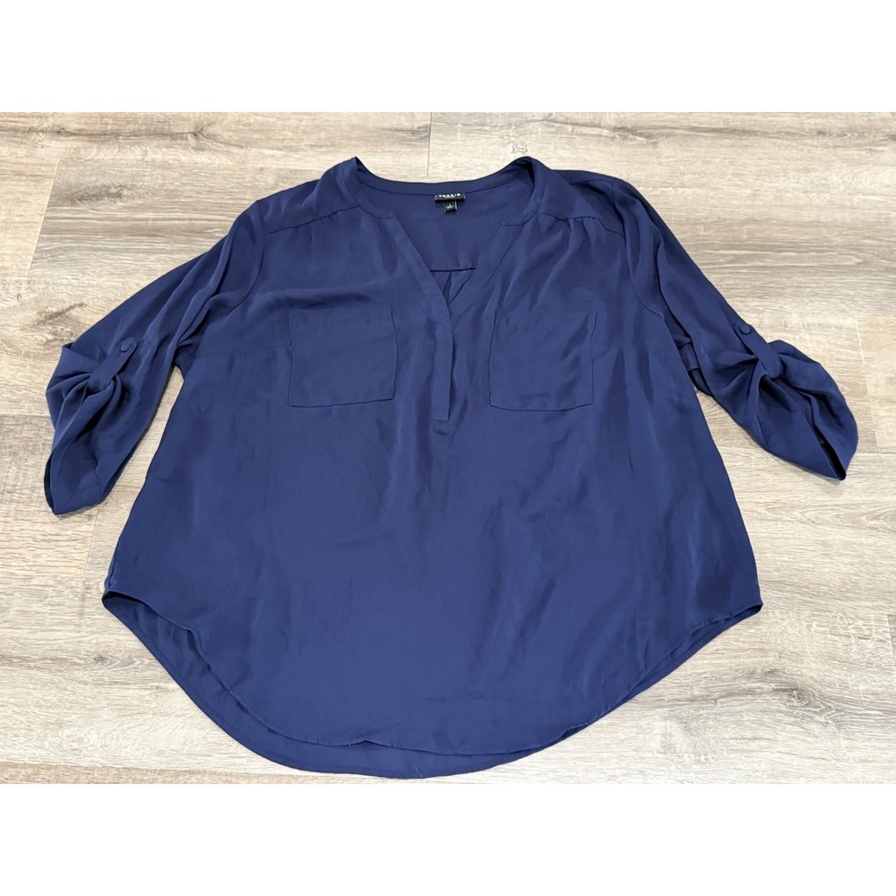 Torrid Harper Navy Blue Georgette Roll-Tab Sleeve Pullover Blouse Womens Size 1
